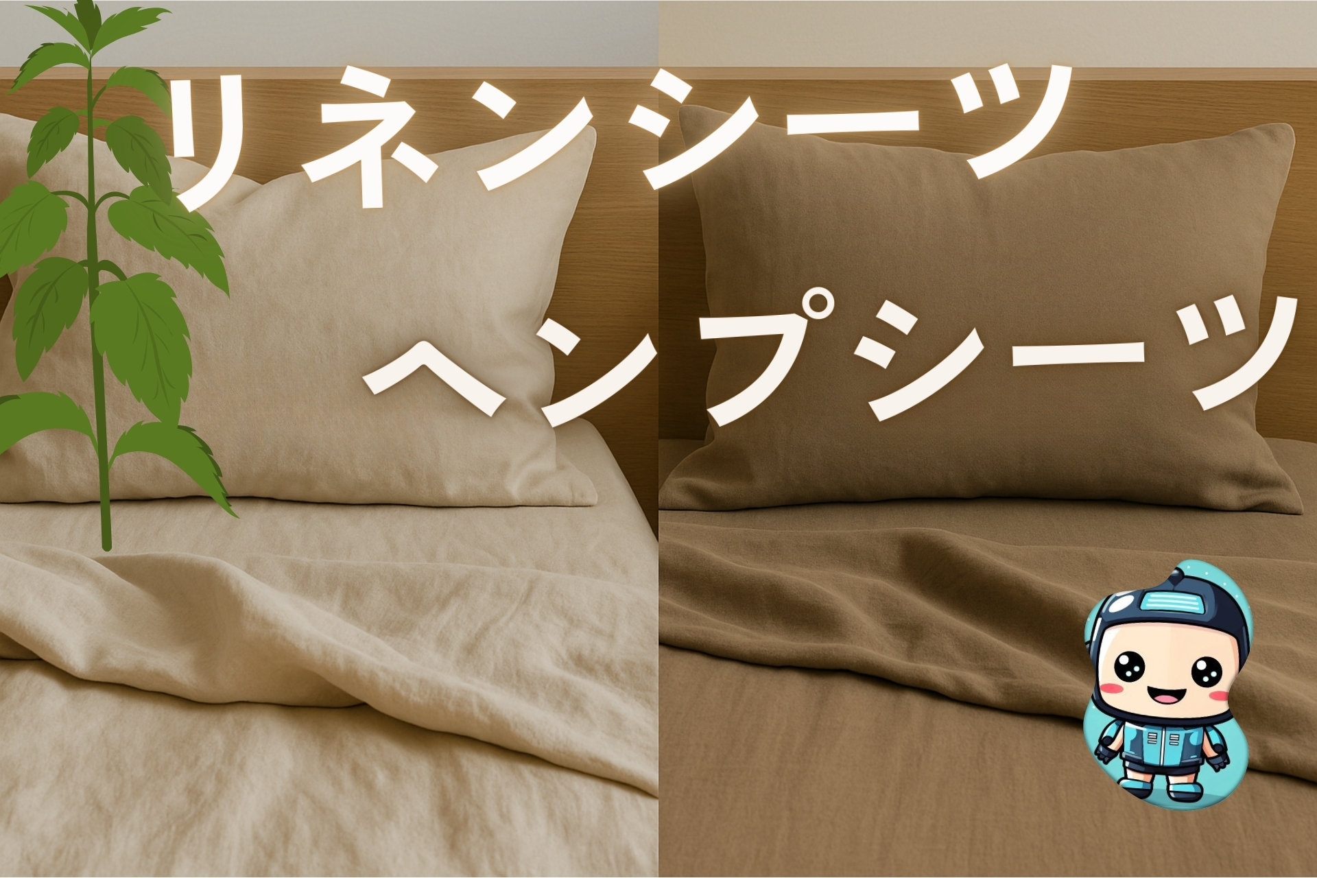 上質な天然素材ベッドリネン比較:通気性抜群のリネンシーツ(左)と耐久性に優れたヘンプシーツ(右)のクローズアップ写真