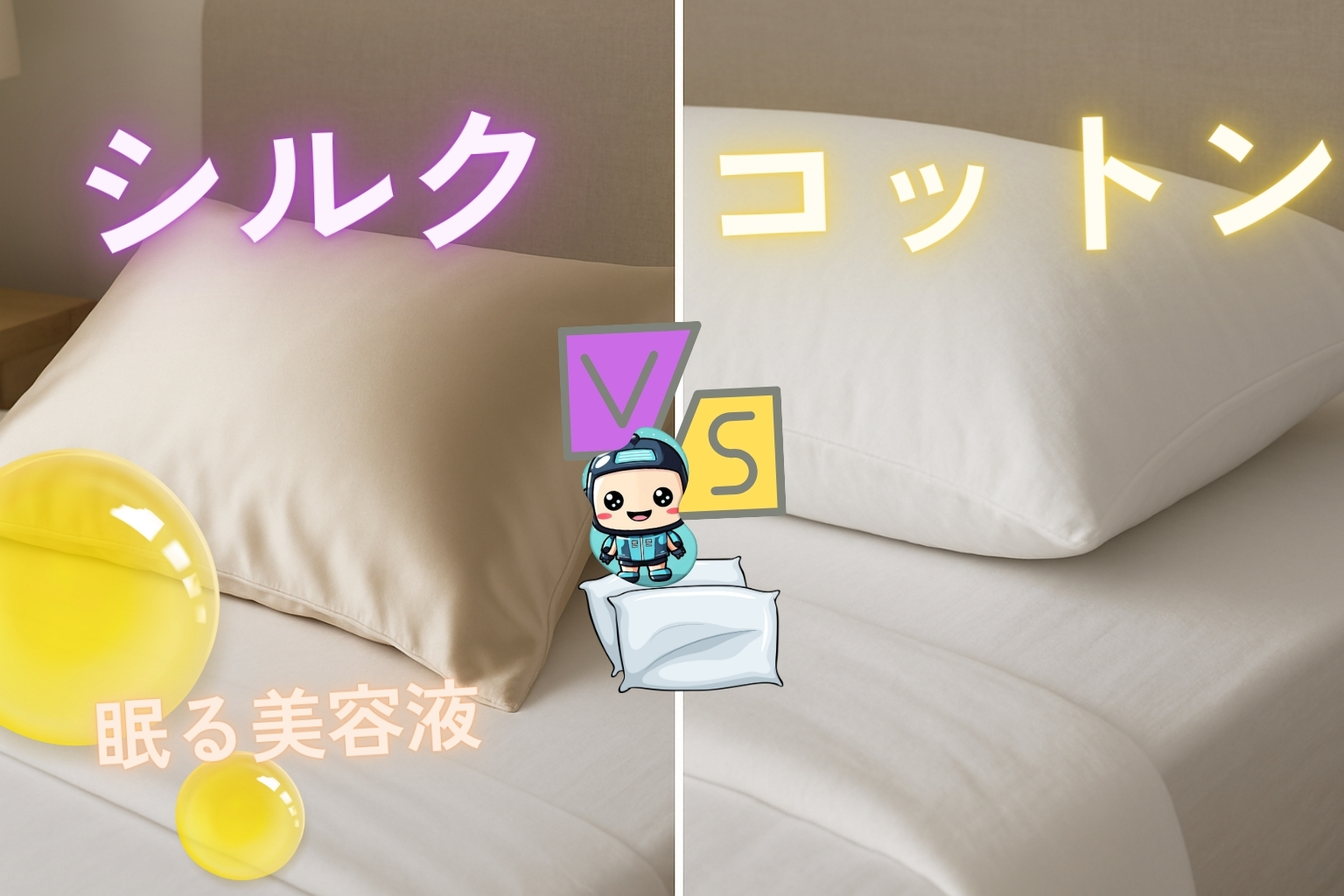 美容液ケアにおすすめのシルク枕カバー(左)と一般的なコットン枕カバー(右)を比較したベッドリネン画像