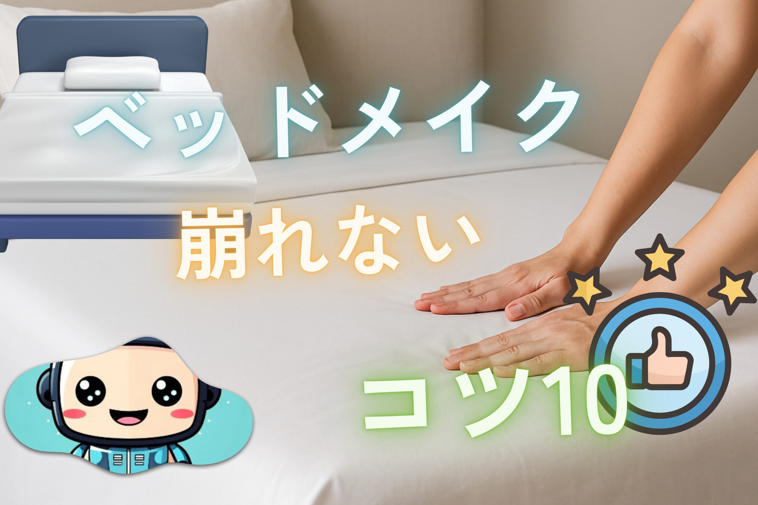 ベッドメイクが崩れないコツ10｜マットレス上でシーツを両手で張って整える様子｜ずれ防止・ホテル級の仕上げ