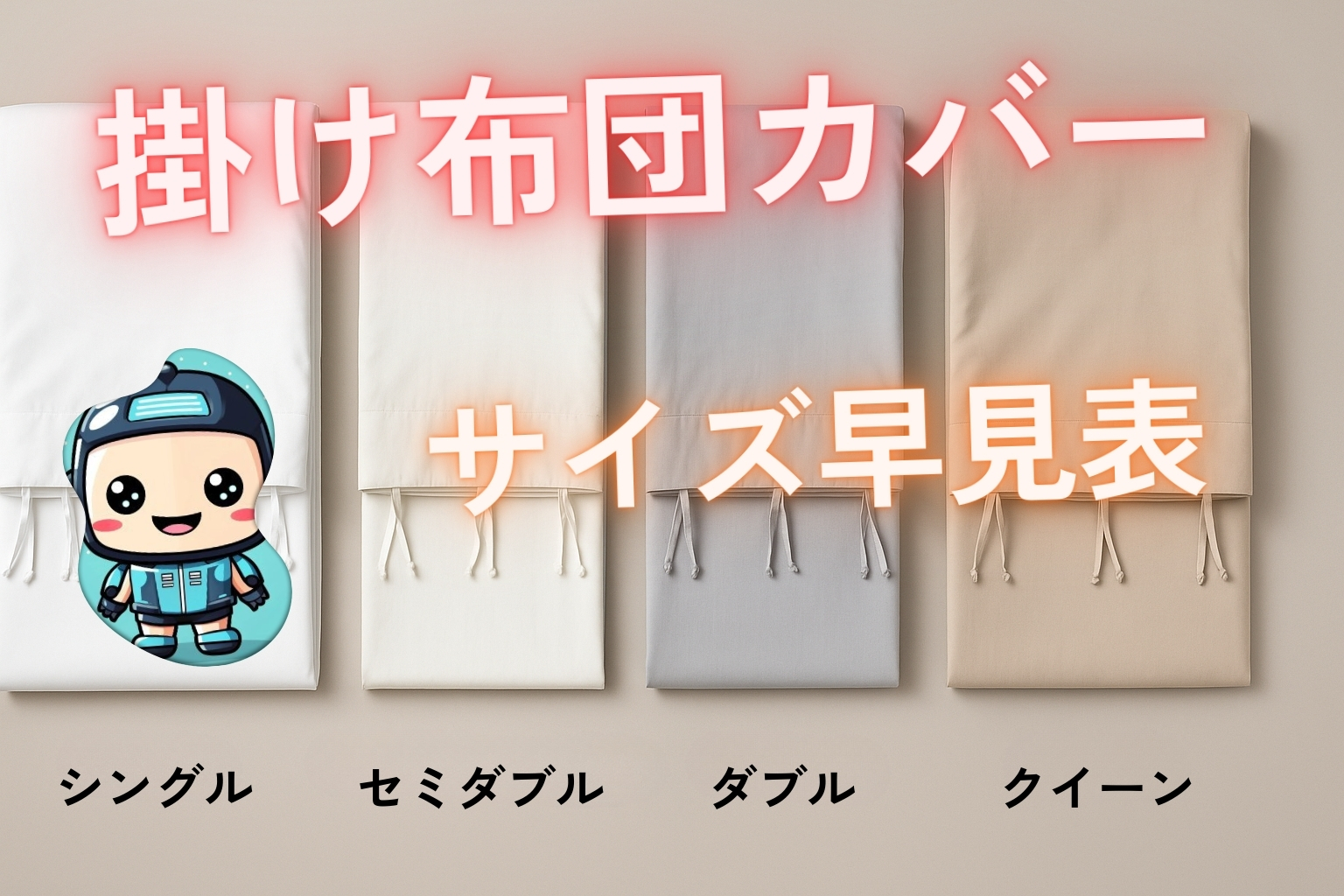 掛け布団カバー サイズ早見表｜シングル・セミダブル・ダブル・クイーンの比較。Pizunaの布団カバーは中身のサイズに合わせて選ぶのが正解で、8〜12点の固定ひも付きでズレ防止も安心。