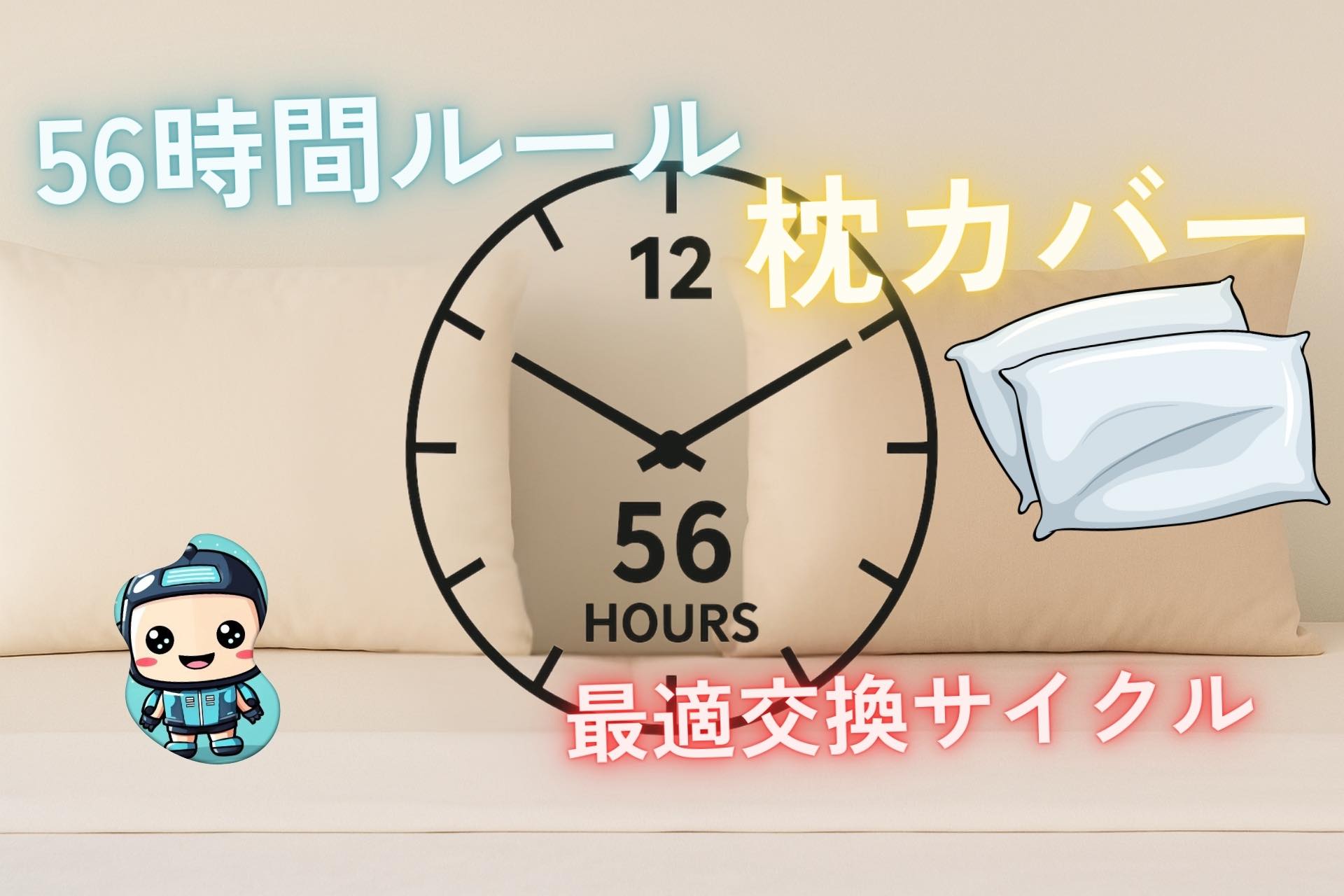 枕カバーの最適交換サイクルを示す56時間ルールの時計アイコンとベッド上の枕、交換タイミングガイド画像