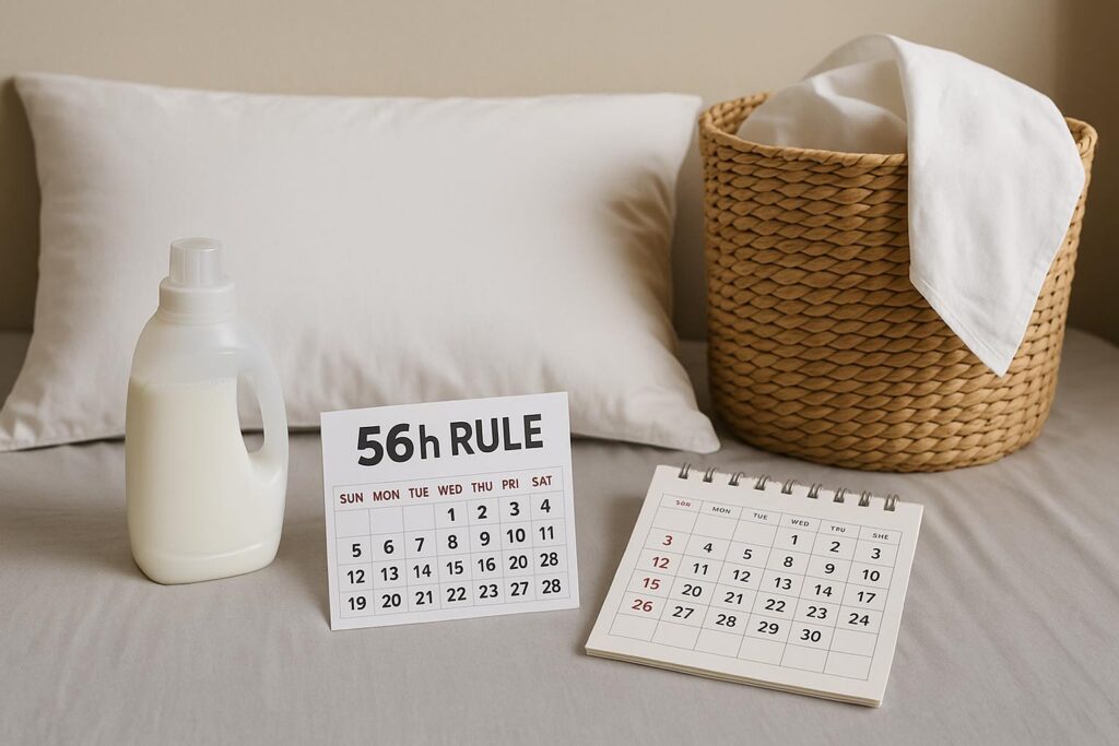 枕カバーの最適交換サイクルを示す56時間ルールの時計アイコンとベッド上の枕、交換タイミングガイド画像