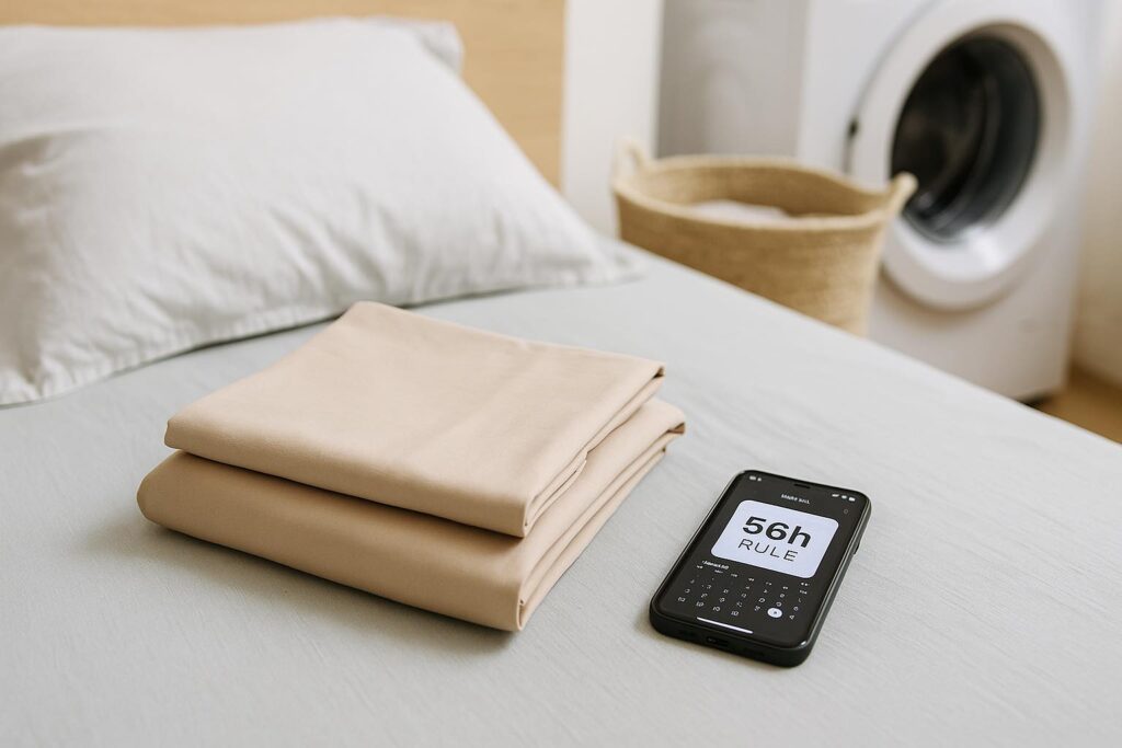 スマホに表示された「56hルール」と折りたたんだ枕カバー、洗濯機を背景にした枕カバー洗濯サイクルガイド画像