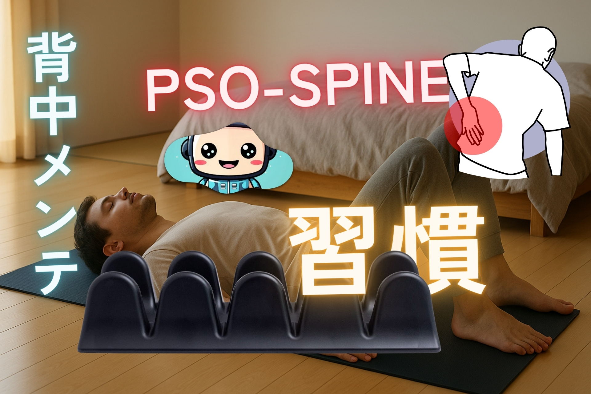 PSO-SPINEで背中メンテを習慣化。寝室でマットに仰向けになり黒いPSO-SPINEを背骨の両脇に当ててリリースする男性のセルフケア