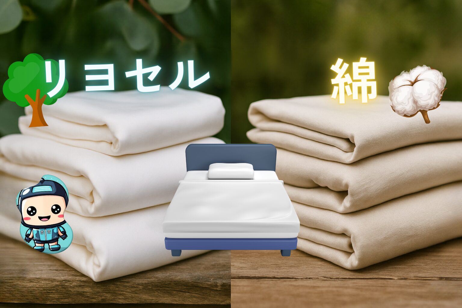 リヨセル シーツと綿 シーツを並べて比較するサステナブル寝具ガイド画像｜エコな天然素材ベッドシーツの特徴・違いを解説
