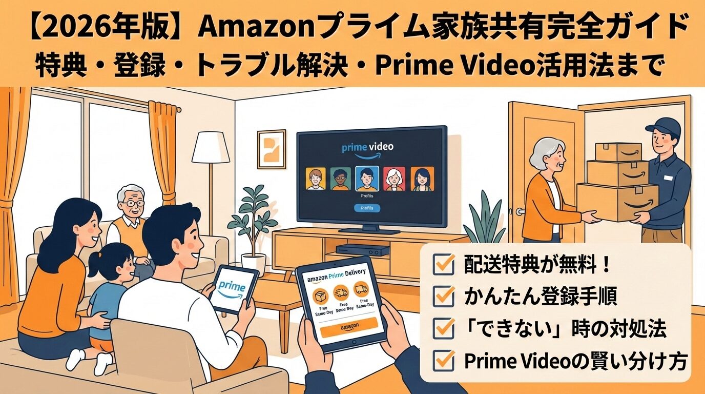 2026年版Amazonプライム家族共有ガイドのイラスト。Prime Video視聴と配達特典、登録手順やトラブル対処を解説