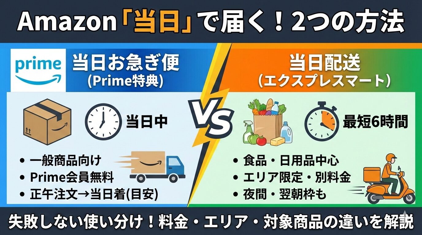 Amazonの当日配送を比較：Prime当日お急ぎ便とエクスプレスマート当日配送（最短6時間）の違い
