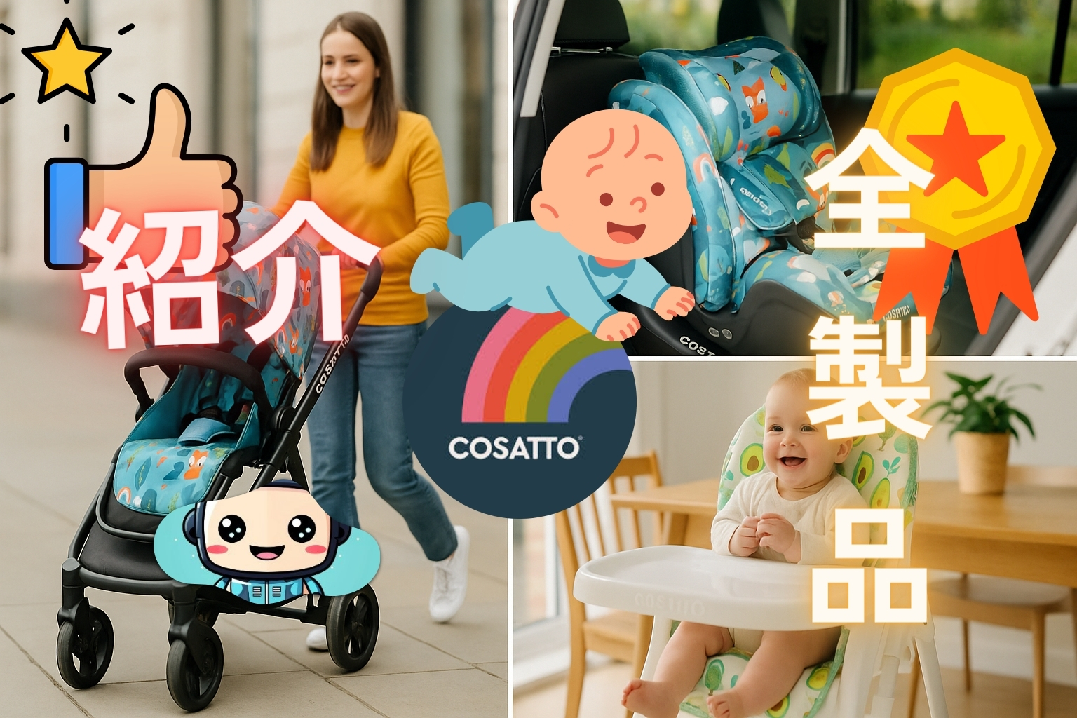COSATTO(コサット)ベビーカー・チャイルドシート・ハイチェア全製品ラインナップ紹介｜カラフルデザインで赤ちゃんとのおでかけと食事を楽しむイメージ画像