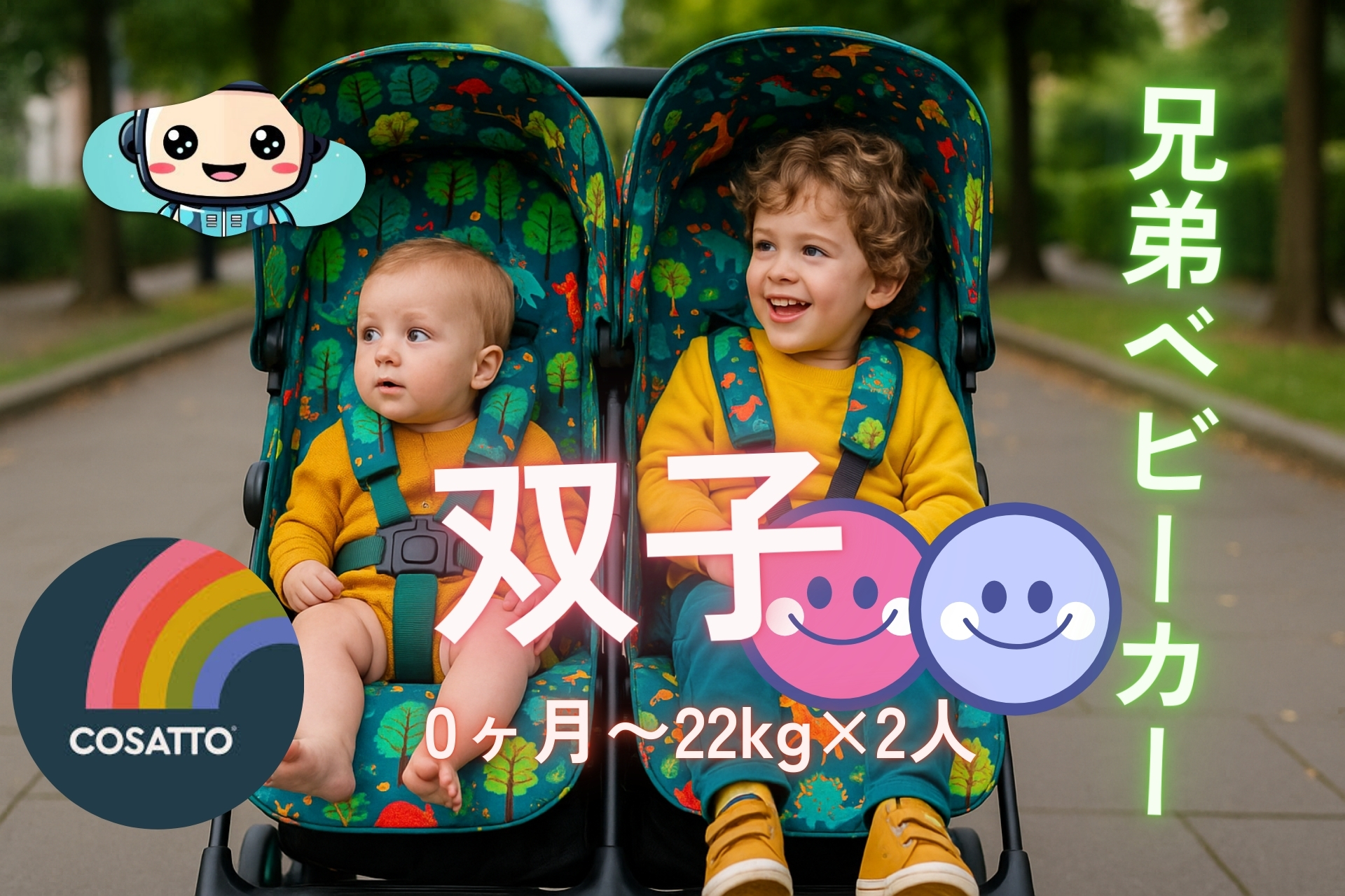 COSATTO コサット 双子ベビーカー Woosh Double レビュー用イメージ｜0ヶ月〜22kg×2人対応、兄弟・双子が並んで座れるカラフル柄ベビーカー
