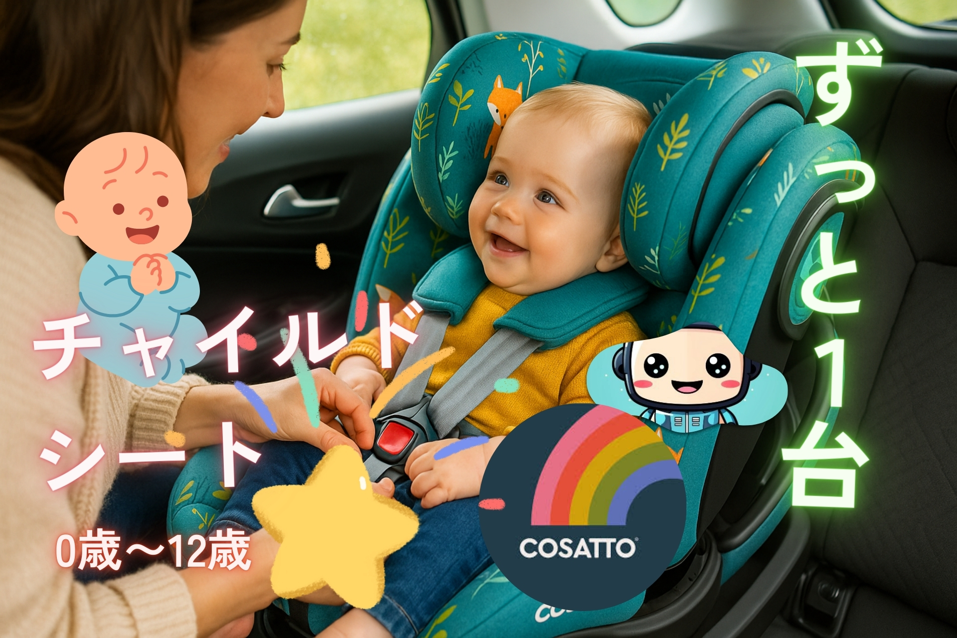 COSATTO コサット 360度回転式チャイルドシート All in All 360 Rotate i-Size|0歳〜12歳までずっと1台で使えるキツネ柄シートに座る赤ちゃんと車内でベルトを締めるママ