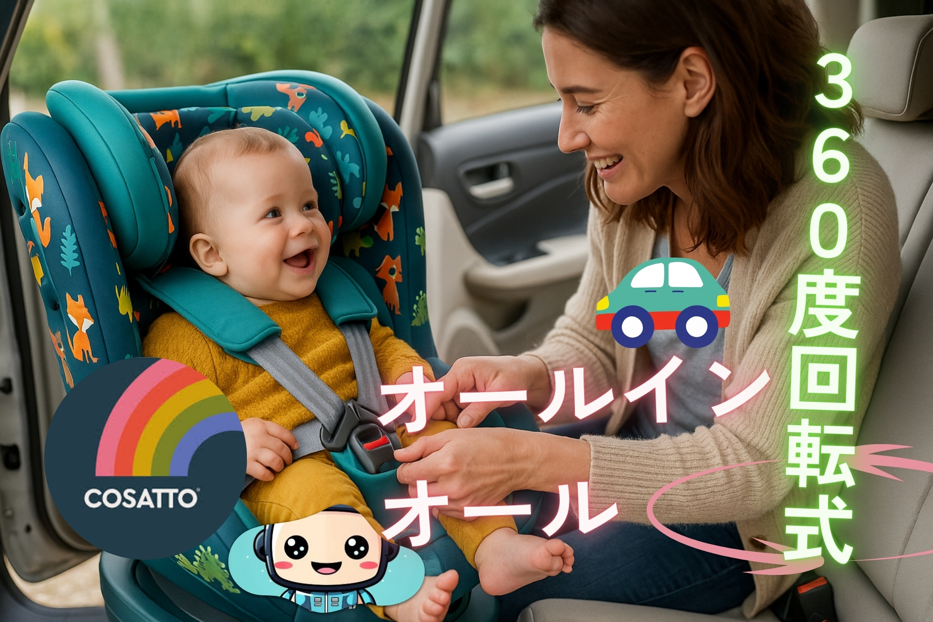 COSATTO コサット 360度回転式チャイルドシート All in All Rotate オールインオール レビュー用イメージ|車の後部座席でキツネ柄のチャイルドシートに座る赤ちゃんとベルトを締めるママ