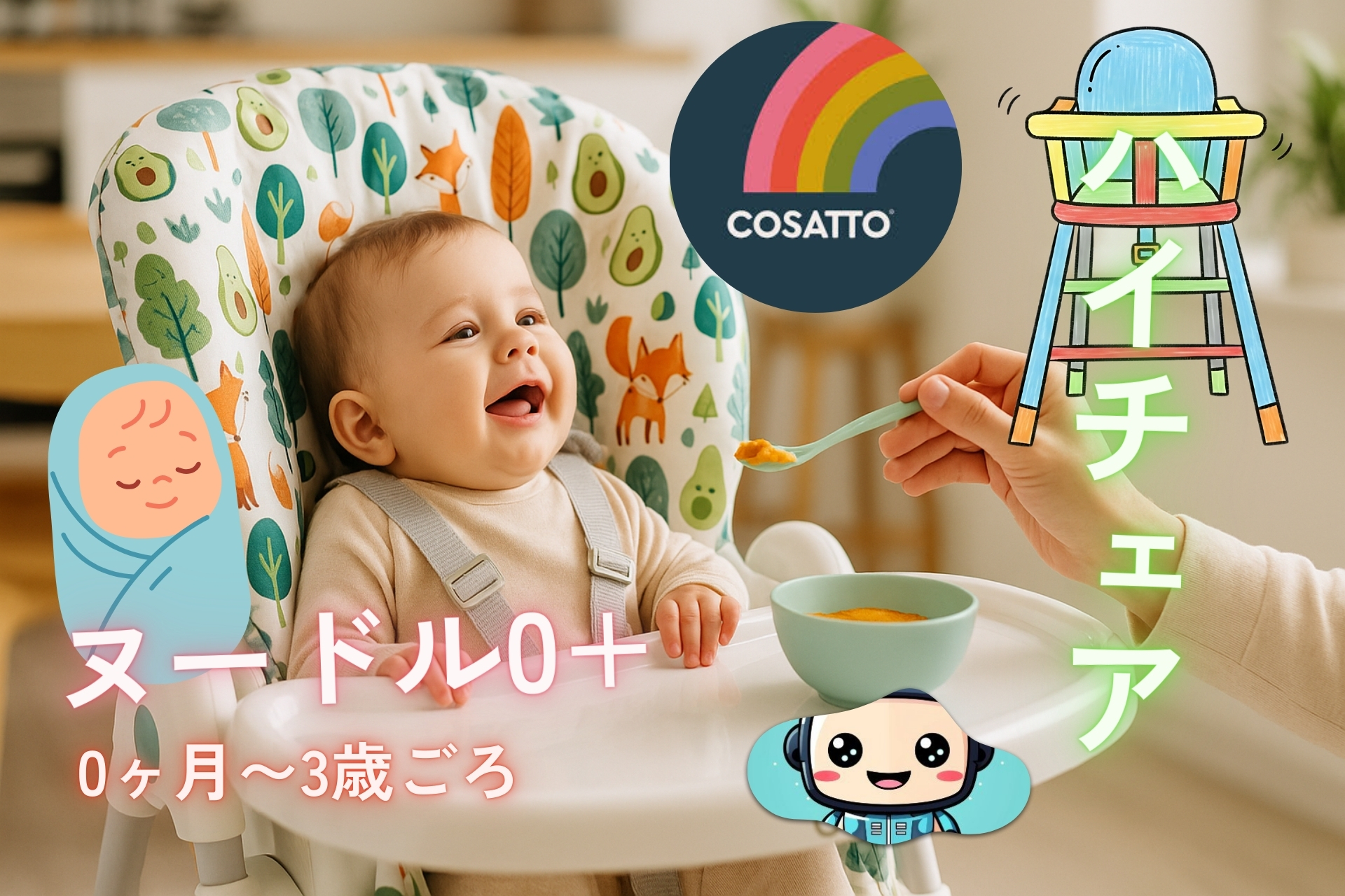 COSATTO コサット ハイチェア Noodle 0+ ヌードル0プラス レビュー用イメージ｜0ヶ月〜3歳ごろまで使えるベビーハイチェアに座って離乳食を食べる赤ちゃん