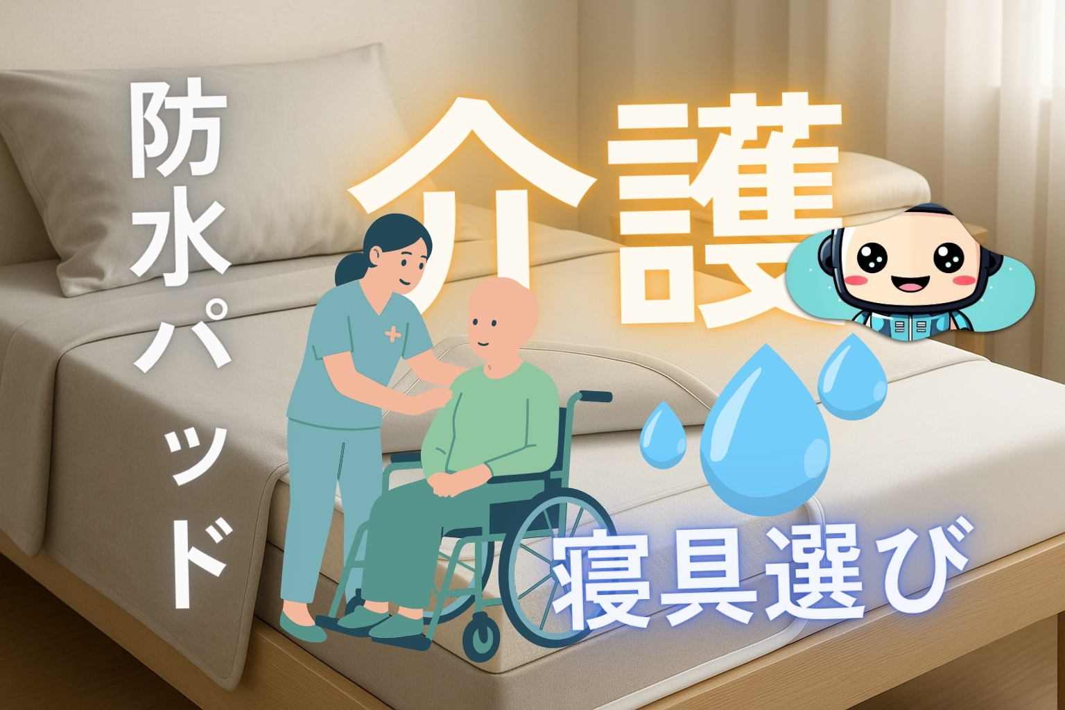 在宅介護・看護の寝具選び|防水パッド×カバー運用で清潔&時短を実現するベッドのイメージ。介助者と車いす利用者、水滴アイコン、ベージュのシーツ。