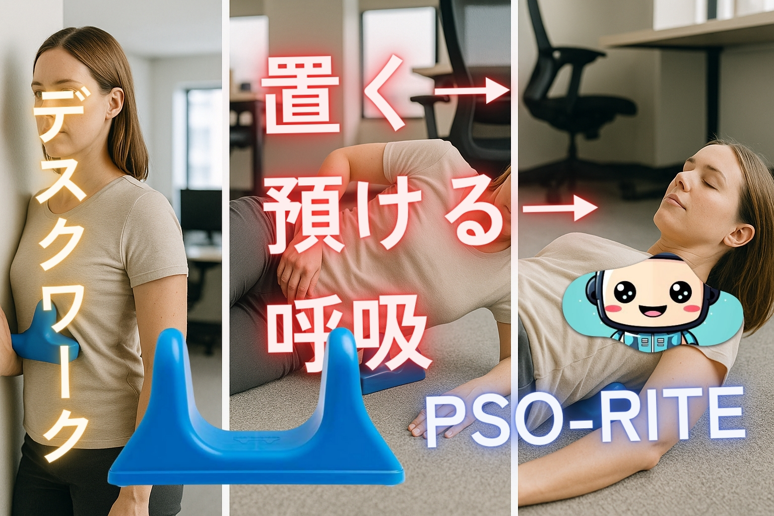 オフィスでデスクワークの女性が青い筋膜リリース器PSO-RITEを胸部に当て、壁→横向き→仰向けで預けて深呼吸する3ステップ。肩こり・猫背・姿勢改善のセルフケア