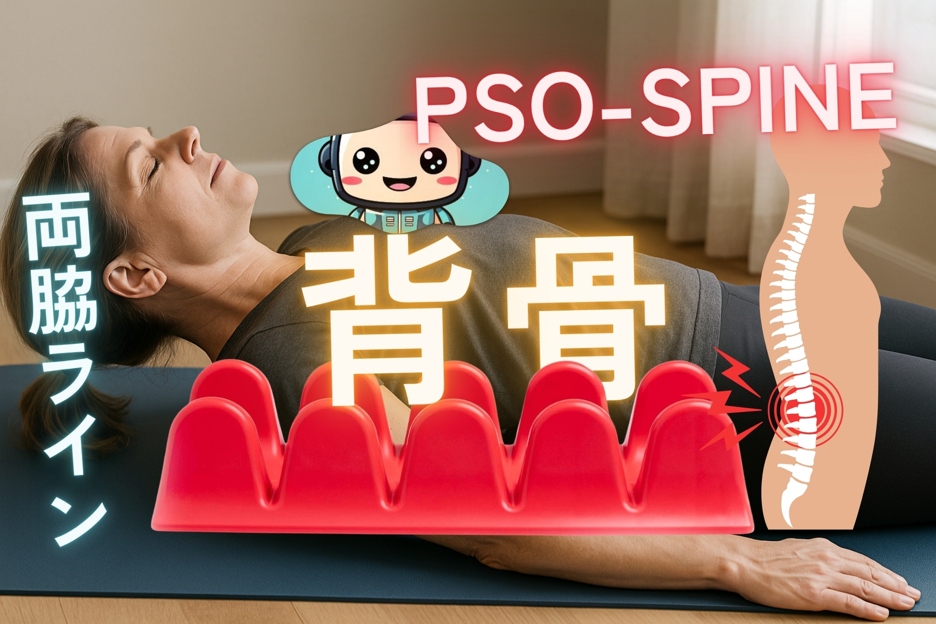 PSO-SPINEの使い方ガイド。マットに仰向けで寝て背骨の両脇ライン(脊柱起立筋)に赤いPSO-SPINEを当て、背中をやさしくリリースする女性