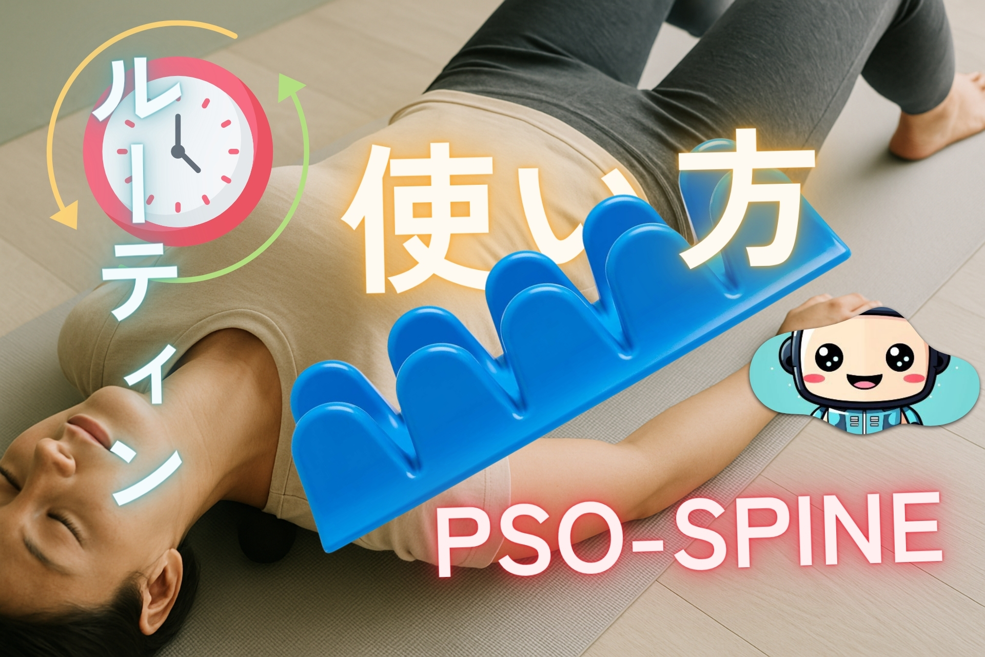 PSO-SPINEの使い方ルーティン。女性がマットに仰向けになり青いPSO-SPINEで背骨周りと首をやさしくリリースする毎日ケア