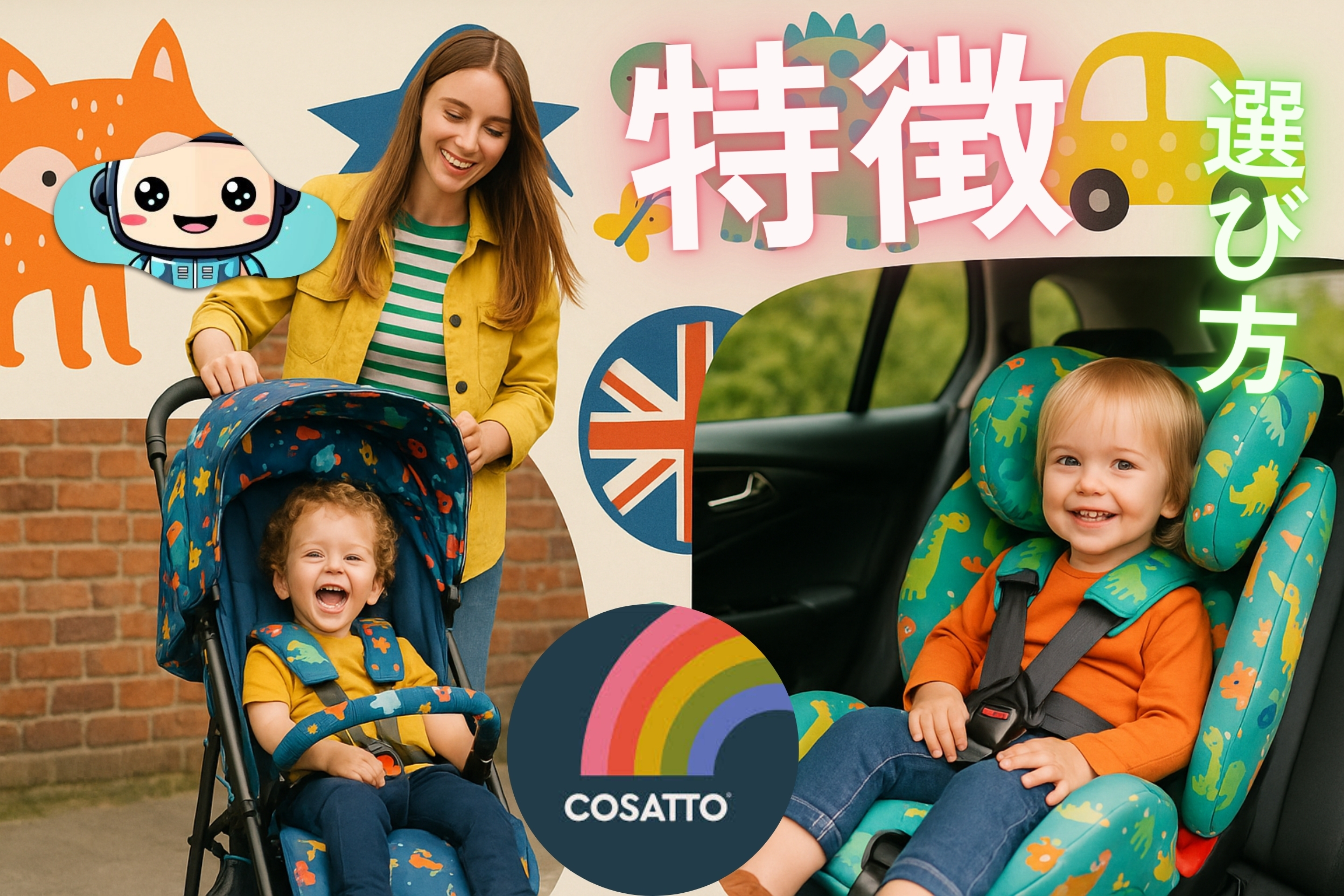 COSATTO コサット ベビーカーとチャイルドシートの特徴と選び方ガイド|英国デザインのカラフルなベビーカーを押すママと車内チャイルドシートに座る子どものイメージ